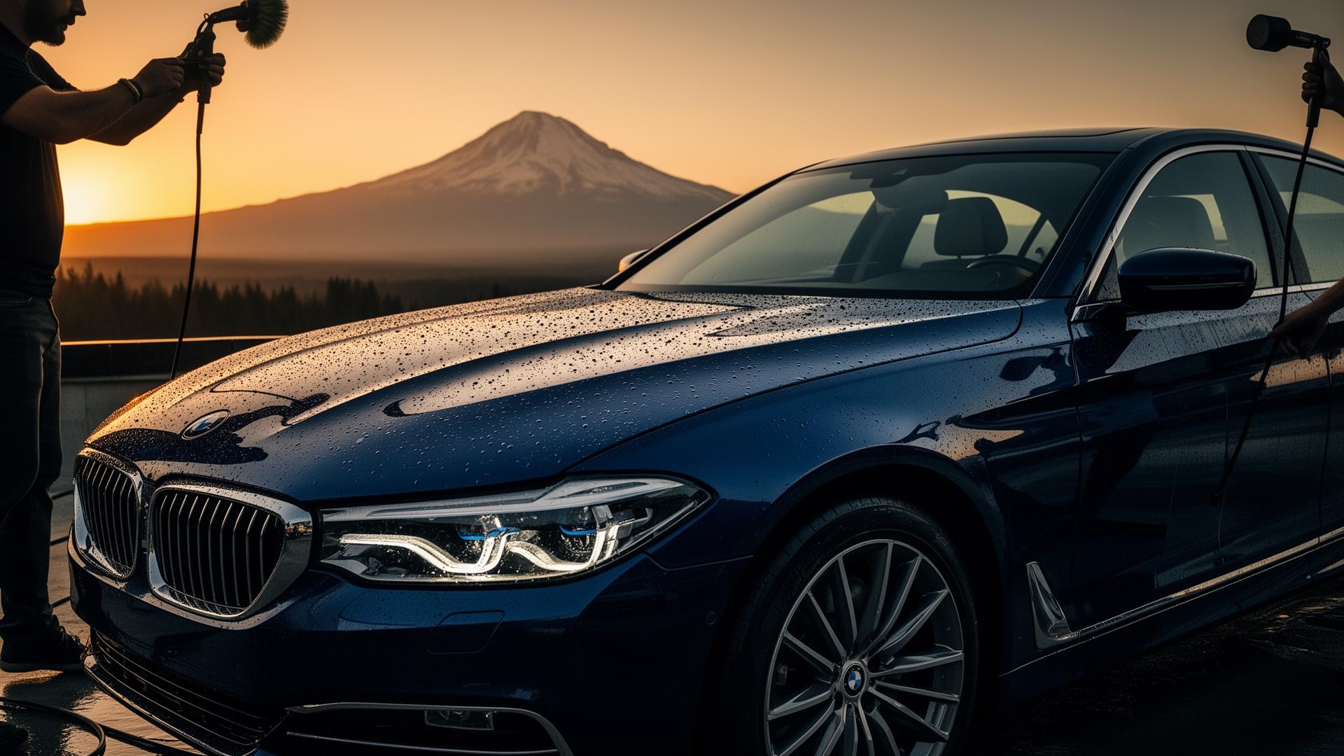 Mobile detailing at sunset with Mount Rainier